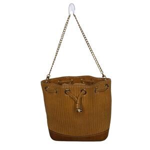 Henri Bendel Tan & Gold Leather Bucket Bag With Gold Chain Purse Travel Office